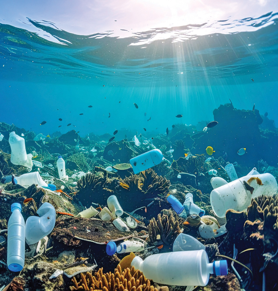ocean littered with plastic waste
